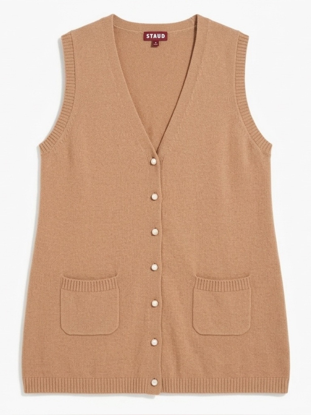 STAUD Camel Pearl-Button V-Neck Sweater Vest